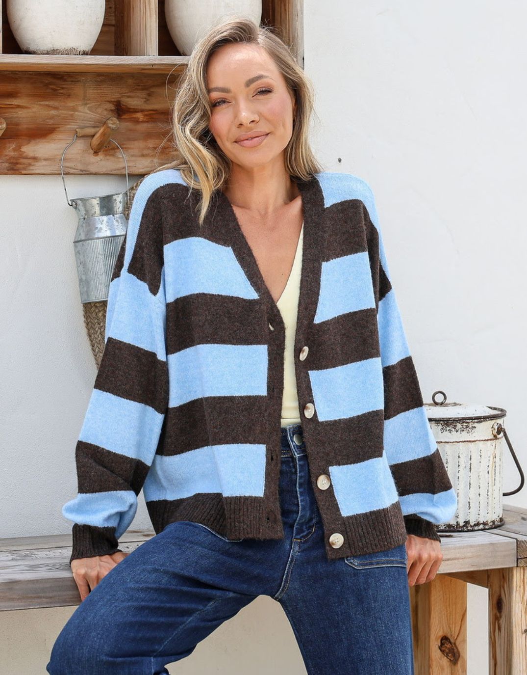 Briar Block Stripe Cardi - Chocolate/Powder Blue