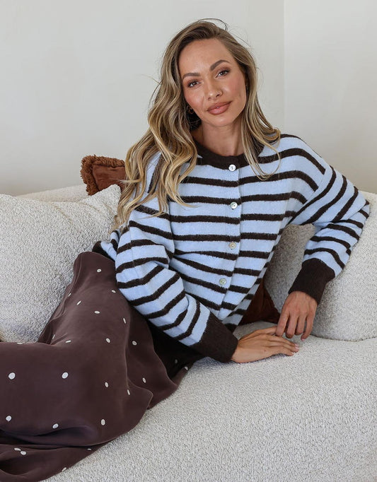Eliza Stripe Cardi - Pale Blue/Chocolate