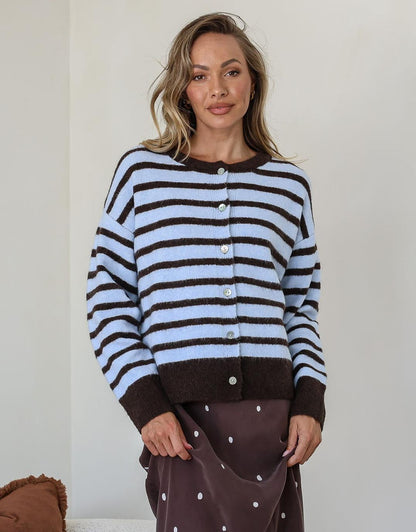 Eliza Stripe Cardi - Pale Blue/Chocolate