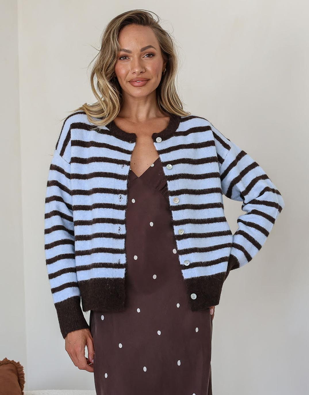 Eliza Stripe Cardi - Pale Blue/Chocolate