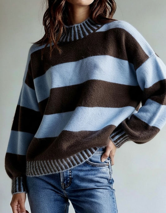 Gigi Wool Blend Stripe Knit - Chocolate/Blue